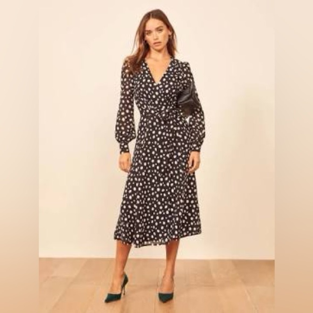 Reformation Black and White Polka Dot Long Sleeve Wrap Susanna Dress